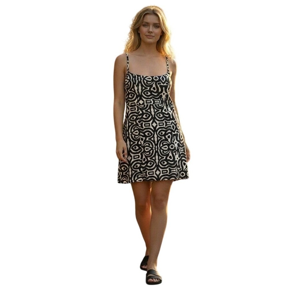 Zara Womens XXL Black Cream Geometric Tribal Print Linen Mini Dress Back Cutout